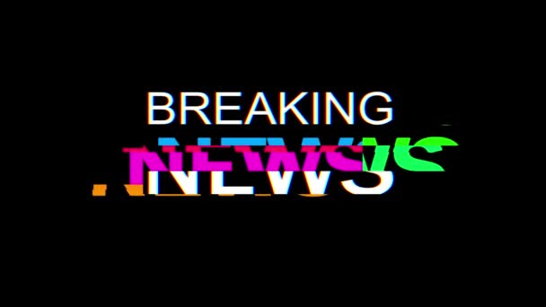 Pixel BREAKING NEWS word on computer old tv glitch interference noise screen animation seamless loop - New quality universal vintage motion dynamic animated background colorful joyful video — стоковое видео