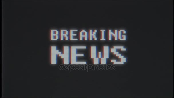 Pixel BREAKING NEWS word on computer old tv vhs effect glitch interference noise screen animation seamless loop - New quality universal vintage motion dynamic animated background colorful joyful video — стоковое видео