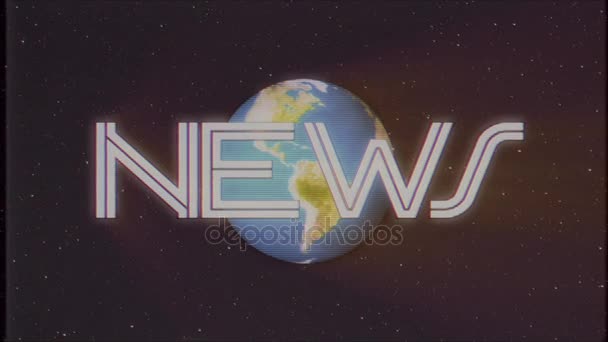 Brillante retro NOTICIAS texto con tierra globo rayos de luz moviéndose en el viejo vhs cinta retro efecto intro tv pantalla animación fondo lazo sin costuras Nueva calidad universal vintage colorido motivación vídeo — Vídeo de stock