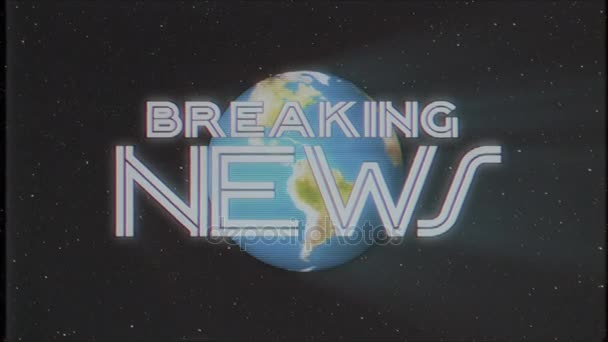 Brilhante retro BREAKING NEWS texto com terra globo raios de luz movendo-se velho vhs fita retro efeito de introdução tv tela animação fundo sem costura loop Nova qualidade universal vintage colorido motivação vídeo — Vídeo de Stock