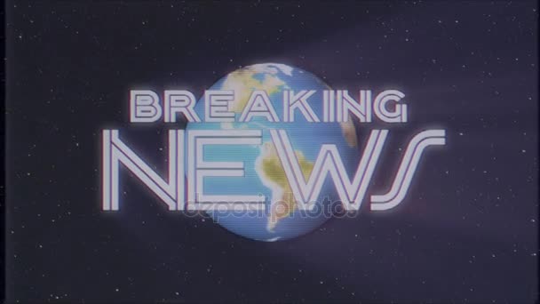 Brillant rétro BREAKING NEWS texte avec globe terrestre lumière rayons déplacer vieux vhs bande rétro effet intro tv écran animation fond boucle transparente Nouvelle qualité universelle vintage coloré motivation vidéo — Video