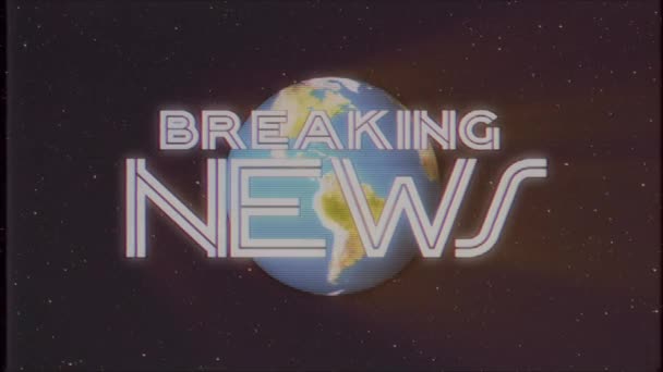 Shiny retro BREAKING NEWS text with earth globe light rays moving old vhs tape retro intro effect tv screen animation background seamless loop New quality universal vintage colorful motivation video — Stock Video