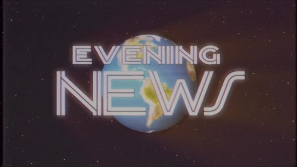 Lucido retrò EVENING NEWS testo con terra globo raggi di luce in movimento vecchi vhs nastro retrò effetto intro tv schermo animazione sfondo loop senza soluzione di continuità Nuova qualità universale vintage colorato motivazione video — Video Stock