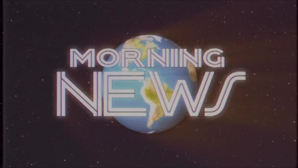 Glänzend retro morgens news text mit erde globus licht strahlen bewegen alte vhs band retro intro effekt tv-bildschirm animation hintergrund nahtlose schleife neue qualität universal vintage bunt motivation video — Stockvideo