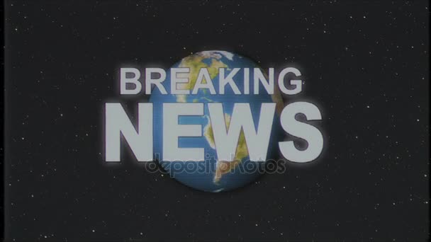 Shiny retro BREAKING NEWS text with earth globe old vhs tape retro intro effect tv screen animation background seamless loop New quality universal vintage colorful motivation video — Stock Video