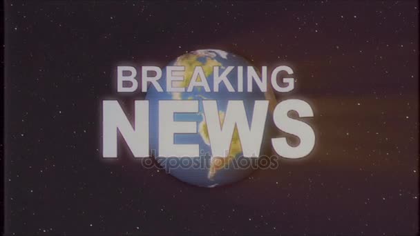 Brilhante retro BREAKING NEWS texto com terra globo raios de luz movendo-se velho vhs fita retro efeito de introdução tv tela animação fundo sem costura loop Nova qualidade universal vintage colorido motivação vídeo — Vídeo de Stock