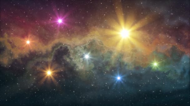 Seven rainbow colored stars flickering shine in soft moving nebula night sky animation background new quality nature scenic cool colorful nice light video footage — Stock Video