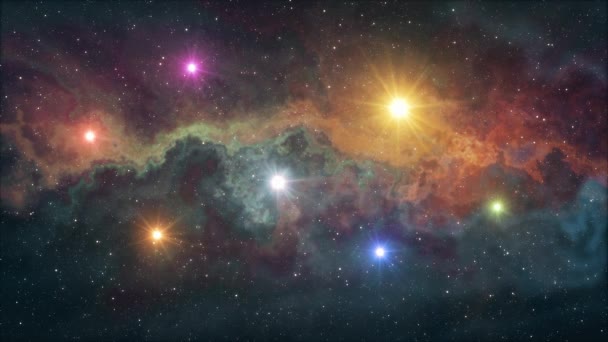 Sju regnbåge färgade stjärnor flimmer glans i mjuka rörliga nebulosa natt himlen animation bakgrund nya kvalitet natur natursköna cool färgglada fin ljus videofilmer — Stockvideo