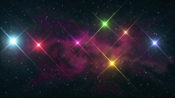 Seven rainbow colored stars flickering shine in soft moving nebula night sky animation background new quality nature scenic cool colorful nice light video footage — Stock Video