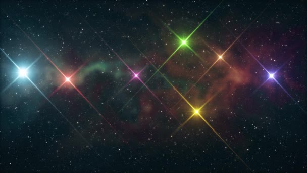 Seven rainbow colored stars flickering shine in soft moving nebula night sky animation background new quality nature scenic cool colorful nice light video footage — Stock Video