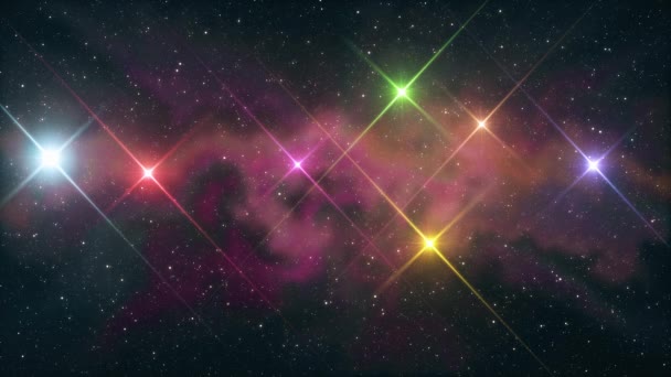 Seven rainbow colored stars flickering shine in soft moving nebula night sky animation background new quality nature scenic cool colorful nice light video footage — Stock Video