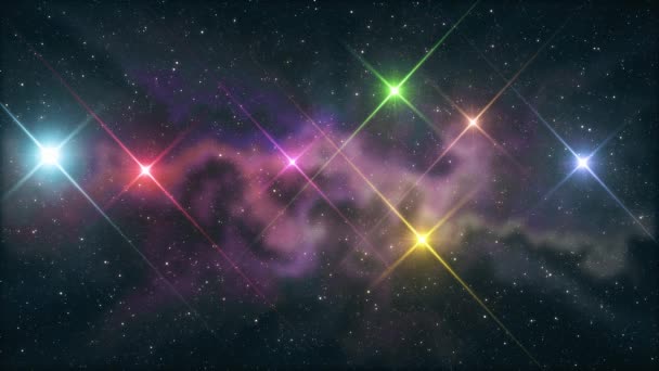 Seven rainbow colored stars flickering shine in soft moving nebula night sky animation background new quality nature scenic cool colorful nice light video footage — Stock Video