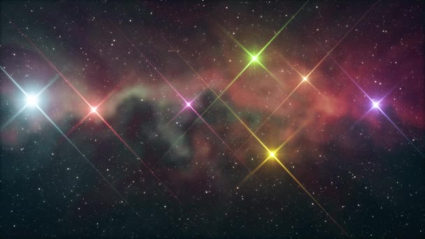 Seven rainbow colored stars flickering shine in soft moving nebula night sky animation background new quality nature scenic cool colorful nice light video footage — Stock Video