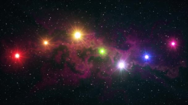 Seven rainbow colored stars flickering shine in soft moving nebula night sky animation background new quality nature scenic cool colorful nice light video footage — Stock Video
