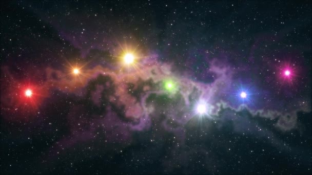 Siete estrellas de color arco iris parpadeando brillan en suave movimiento nebulosa noche cielo animación fondo nueva calidad naturaleza escénico fresco colorido agradable luz vídeo metraje — Vídeos de Stock