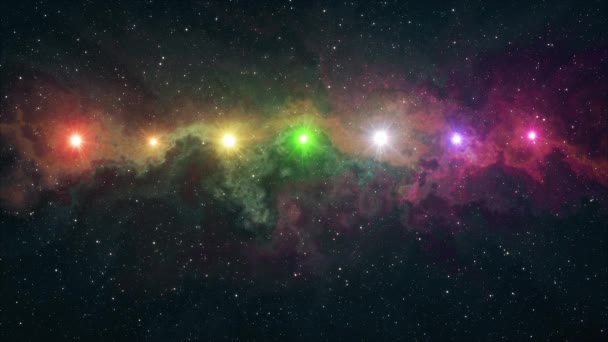Siete estrellas de color arco iris parpadeando brillan en suave movimiento nebulosa noche cielo animación fondo nueva calidad naturaleza escénico fresco colorido agradable luz vídeo metraje — Vídeo de stock
