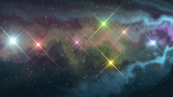 Сім райдужних кольорових зірок мерехтливого сяйва в м'якій рухомій туманності нічне небо анімація фону нової якості природа мальовничий крутий барвистий гарний світло відеозапис — стокове відео