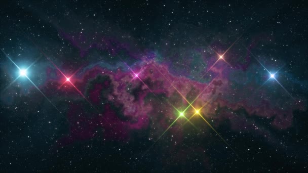 Сім райдужних кольорових зірок мерехтливого сяйва в м'якій рухомій туманності нічне небо анімація фону нової якості природа мальовничий крутий барвистий гарний світло відеозапис — стокове відео