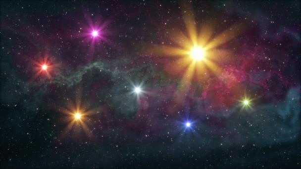 Seven rainbow colored stars flickering shine in soft moving nebula night sky animation background new quality nature scenic cool colorful nice light video footage — Stock Video