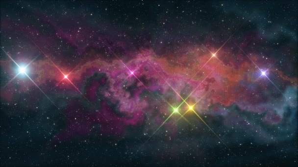 Seven rainbow colored stars flickering shine in soft moving nebula night sky animation background new quality nature scenic cool colorful nice light video footage — Stock Video