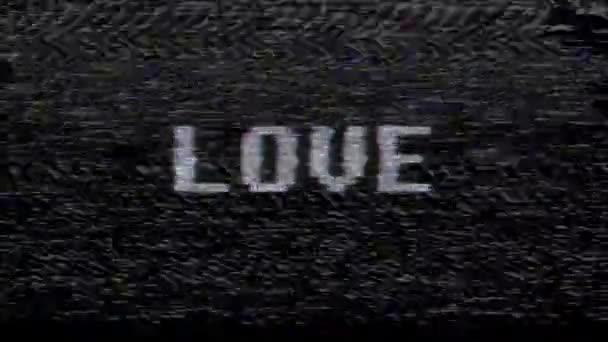 Retro videojáték Love szöveg számítógép régi tv fénylik zavaró zaj képernyő animáció varrat nélküli hurok új minőségű univerzális évjárat-motion dinamikus animációs háttér színes örömteli videó — Stock videók