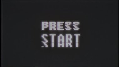 Retro video oyunu metin bilgisayar eski tv arıza müdahale Başlat düğmesine basın gürültü ekran animasyon sorunsuz döngü yeni kalite evrensel vintage hareketli dinamik animasyonlu arka plan renkli neşeli video