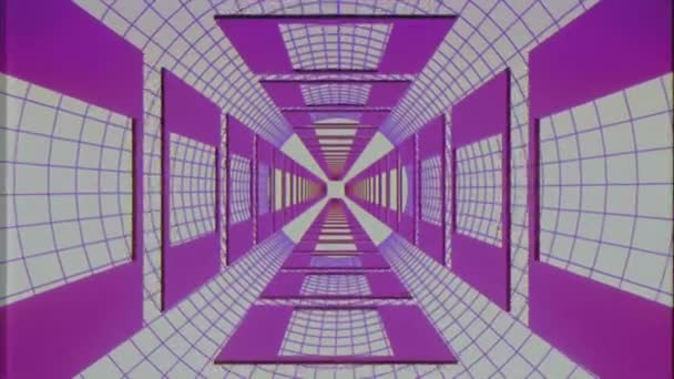 Endless flight through retro style cyber purple grid tunnel VHS effect motion graphics animation background new quality futuristic vintage cool nice beautiful video footage — Stock Video