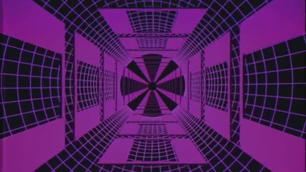 Vuelo sin fin a través de estilo retro ciber púrpura túnel de rejilla efecto VHS gráficos de movimiento de fondo de animación de nueva calidad futurista vintage fresco agradable hermoso video metraje — Vídeos de Stock