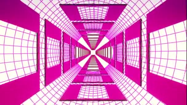 Eindeloze vlucht door retro stijl cyber paarse raster tunnel Vhs effect beweging grafische animatie achtergrond nieuwe kwaliteit futuristische vintage cool leuke mooie videobeelden — Stockvideo