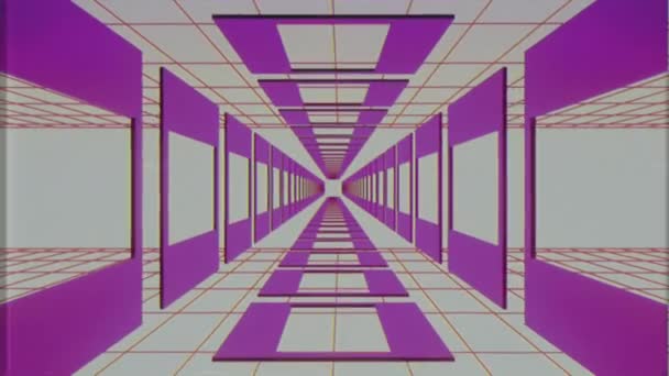 Vuelo sin fin a través de estilo retro ciber púrpura túnel de rejilla efecto VHS gráficos de movimiento de fondo de animación de nueva calidad futurista vintage fresco agradable hermoso video metraje — Vídeo de stock