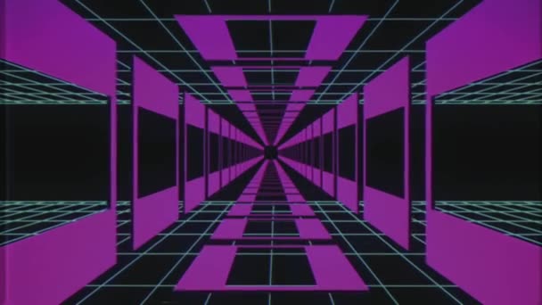 Endless flight through retro style cyber purple grid tunnel VHS effect motion graphics animation background new quality futuristic vintage cool nice beautiful video footage — Stock Video