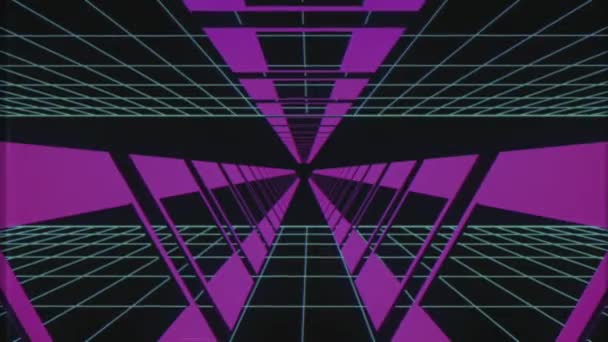Vuelo sin fin a través de estilo retro cyber túnel púrpura efecto VHS gráficos de movimiento de fondo de animación de nueva calidad futurista vintage fresco agradable hermoso video metraje — Vídeo de stock