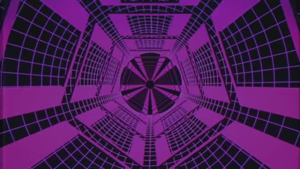 Vuelo sin fin a través de estilo retro cyber túnel púrpura efecto VHS gráficos de movimiento de fondo de animación de nueva calidad futurista vintage fresco agradable hermoso video metraje — Vídeo de stock