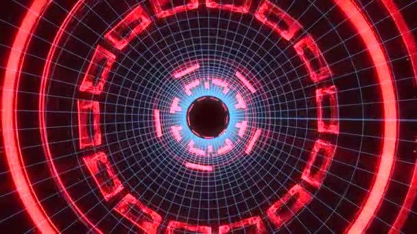 Volo fuori attraverso blocco griglia neon luci astratto cyber tunnel movimento grafica animazione sfondo loop nuova qualità retro futuristico stile vintage cool bello video — Video Stock