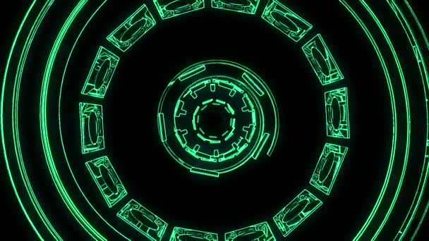 Volo fuori attraverso blocco HUD display neon luci astratto cyber tunnel movimento grafica animazione sfondo loop nuova qualità retro futuristico stile vintage cool bello video — Video Stock