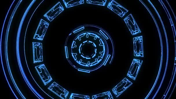 Vlucht in uit door blok hud display neonlicht abstract cyber tunnel motion graphics animatie achtergrond lus nieuwe kwaliteit retro-futuristische vintage stijl cool leuke mooie videobeelden — Stockvideo