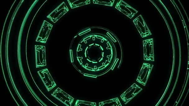 Voo para fora através do bloco HUD exibir luzes de néon abstrato cibernético túnel movimento gráfico animação fundo loop nova qualidade retro futurista estilo vintage legal agradável belas imagens de vídeo — Vídeo de Stock