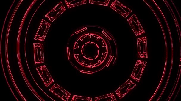 Voo para fora através do bloco HUD exibir luzes de néon abstrato cibernético túnel movimento gráfico animação fundo loop nova qualidade retro futurista estilo vintage legal agradável belas imagens de vídeo — Vídeo de Stock