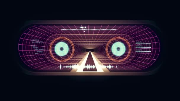 In out flight through VR White neon purple grid YELLOW lights cyber tunnel HUD interface motion graphics animation background new quality retro futuristic vintage style cool nice beautiful video foota — Stock Video