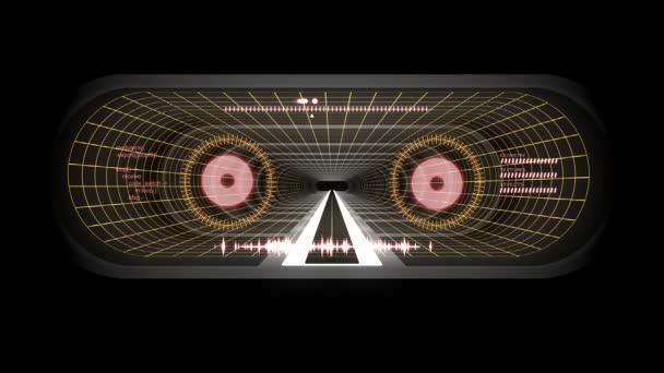 En vuelo a través de VR Blanco neón AMARILLO rejilla ROJO luces túnel cibernético HUD interfaz gráficos de movimiento de fondo de animación nueva calidad futurista vintage estilo fresco agradable hermoso video footag — Vídeo de stock