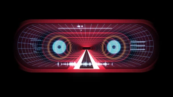 W z lotu przez Vr czerwony neon niebieski siatki Blue lights cyber tunelu Hud interfejs ruchu grafiki animacji tła nowej jakości retro futurystyczny Styl vintage fajne ładne piękne wideo foota — Wideo stockowe