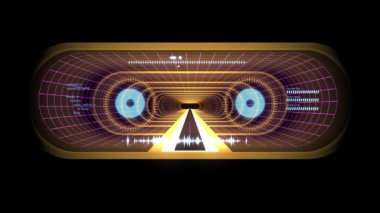İçinde uçuş Vr sarı neon mor ile kılavuz mavi cyber tünel Hud arabirimi hareket grafik animasyon arka plan yeni kalite retro futuristik vintage tarzı serin güzel güzel video foota ışıklar kapanıyor