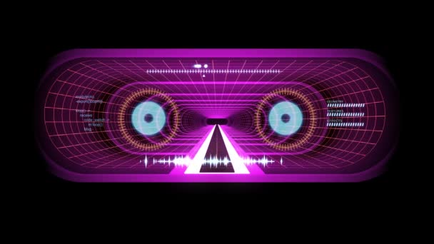 In out flight through VR PURPLE neon RED grid BLUE lights cyber tunnel HUD interface motion graphics animation background new quality retro futuristic vintage style cool nice beautiful vídeo foota — Vídeo de Stock