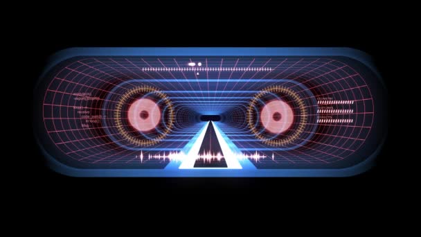 In out Flug durch vr blau neon red grid red lights cyber tunnel hud interface motion graphics animation background new quality retro futuristic vintage style cool nice beautiful video foota — Stockvideo