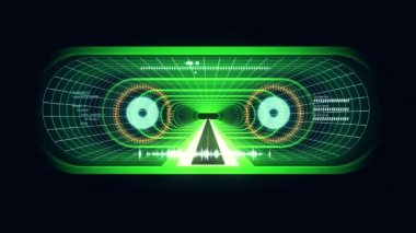 İçinde uçuş Vr yeşil neon mavi ile kılavuz mor cyber tünel Hud arabirimi hareket grafik animasyon arka plan yeni kalite retro futuristik vintage tarzı serin güzel güzel video foota ışıklar kapanıyor