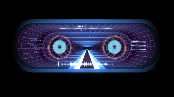 V z letu prostřednictvím Vr Blue neon fialová mřížka žlutá světla cyber tunelu Hud rozhraní motion grafika animace pozadí nové kvalitní futuristický retro vintage styl cool pěkné krásné video foota — Stock video