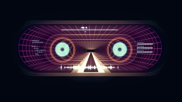 I ut flyg via Vr neon rutnät gula lamporna klar ord cyber tunnel Hud gränssnitt motion grafik animering bakgrunden nya kvalitet retro futuristisk vintage stil cool trevlig vacker video — Stockvideo