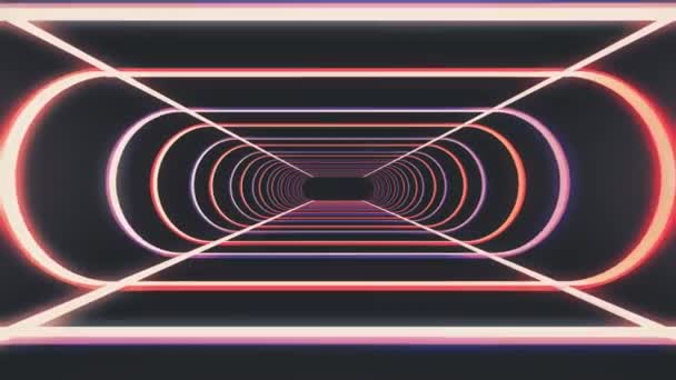 Végtelen borda neonfények absztrakt cyber alagút repülés jelet ad grafikus animáció háttér varrat nélküli hurok új minőségi retro futurisztikus vintage stílusú hűvös szép szép videofelvétel — Stock videók