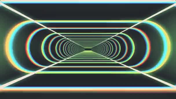 In uit vlucht door neon rib abstract lichten cyber tunnel motion graphics animatie achtergrond nieuwe kwaliteit retro-futuristische vintage stijl cool leuke mooie videobeelden — Stockvideo