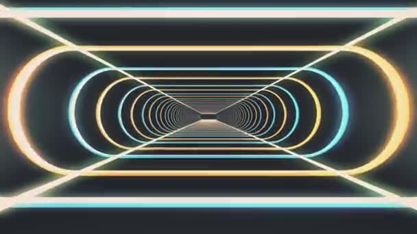 In out flight through neon rib lights abstract cyber tunnel motion graphics animation background new quality retro futuristic vintage style cool nice beautiful vídeo footage — Vídeo de Stock